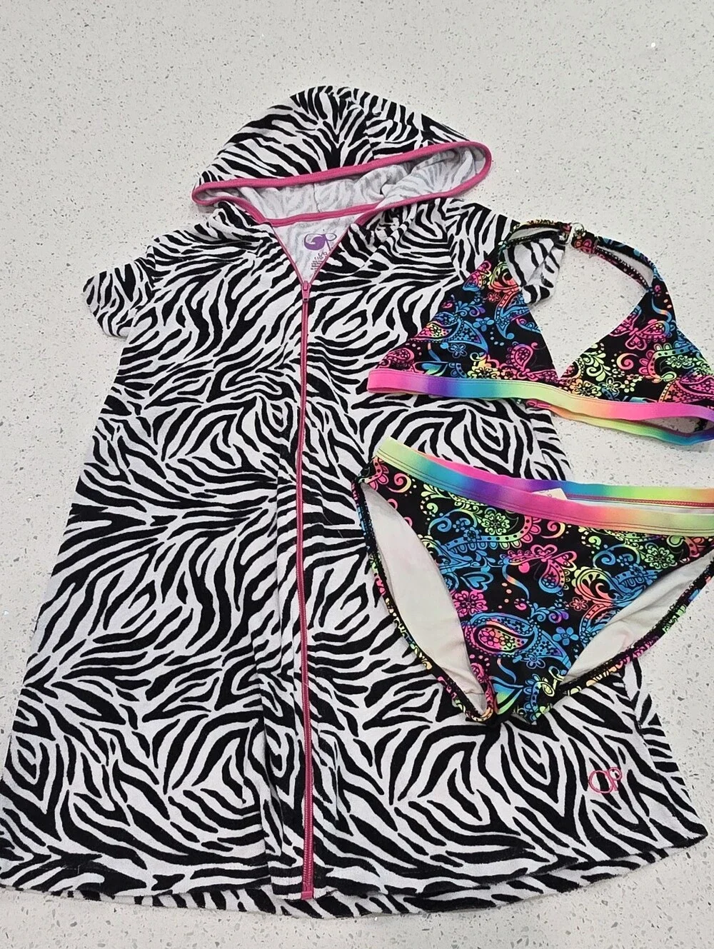 3 Piece OP Girls Swimsuit Multicolor Floral & Zebra Cover-up size Large (10-12)